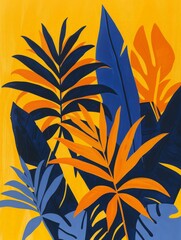 Fototapeta na wymiar A painting featuring vibrant blue and orange leaves set against a bright yellow background, capturing the essence of nature in an abstract and colorful composition.
