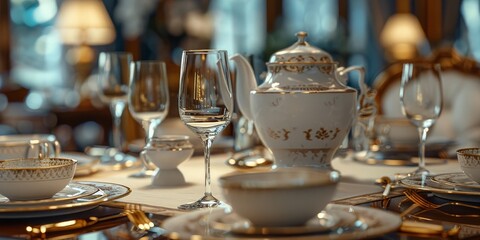 Fototapeta na wymiar Elegant dining table set with fine glassware gleaming under soft warm lighting