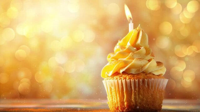  yellow cupcake with candle and blurred lights background. seamless looping overlay 4k virtual video animation background