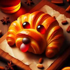 croissant bread looks like a dog with jelly beans as eyes, bakery food with cute shape, baking skills