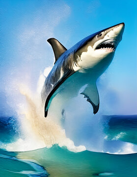 shark breaching out or water, jumping over the sea, wallpaper or wall art background