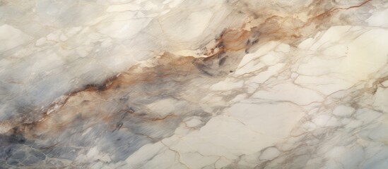 A detailed view of a marble surface exhibiting a mix of brown and white colors. The intricate patterns and textures of the slab are visible up close,