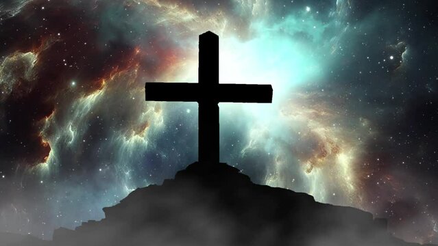 cross on hill silhouette with space background.