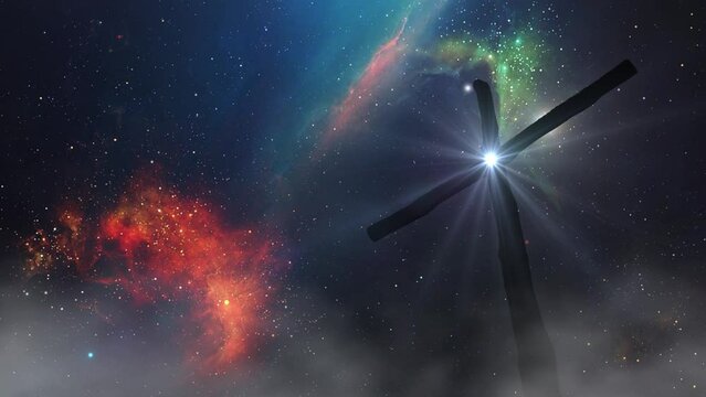 silhouette of a wooden pillar of the cross against a background of bright rays of light.