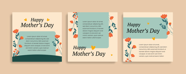 Beige and Green Mother's Day Greeting Social Media Post Layout Set with Flower Ornaments