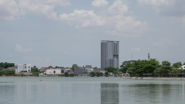 Lakefront City Skyline In Burung Island, Belitung, Indonesia. Wide Shot