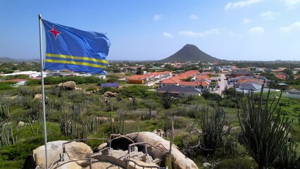 aruban flag flapping in the wind aerial in aruba