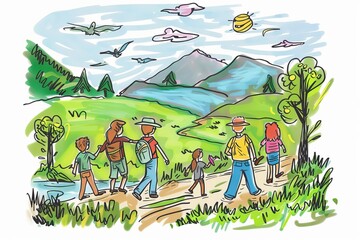 Cartoon cute doodles of families going on a nature hike and exploring the beauty of the outdoors, Generative AI