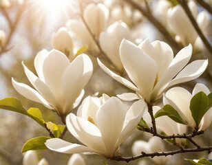 white blooming magnolia tree in the spring, shallow depth of field, ray of bright morning sunshine...