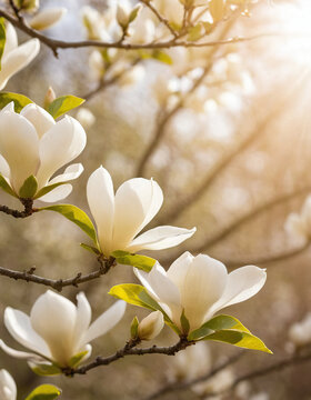 white blooming magnolia tree in the spring, shallow depth of field, ray of bright morning sunshine cuts through