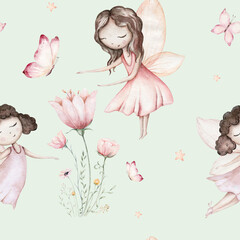 Fairy and Flowers watercolor seamless girls nursery pattern. Cartoon pink magic girl baby background. Faitytale textile art - 747731907