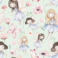 Fairy and Flowers watercolor seamless girls nursery pattern. Cartoon pink magic girl baby background. Faitytale textile art - 747731913