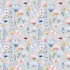 Seamless floral pattern with abstract blue pink flowers and leaves. Watercolor colorful print in rustic vintage style, textile or wallpapers background