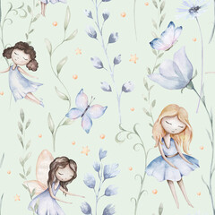 Obraz na płótnie Canvas Fairy and Flowers watercolor seamless girls nursery pattern. Cartoon pink magic girl baby background. Faitytale textile art