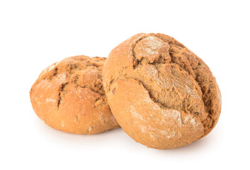 Delicious whole grain buns on white background