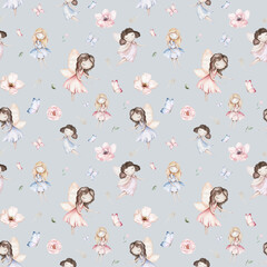 Fairy and Flowers watercolor seamless girls nursery pattern. Cartoon pink magic girl baby background. Faitytale textile art - 747731953