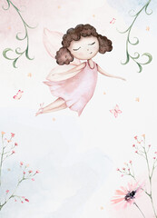Fairy and Flowers watercolor isolated kids illustration for girls. Cartoon pink magic girl baby shower poster. Happy Birthday kid card - 747731962
