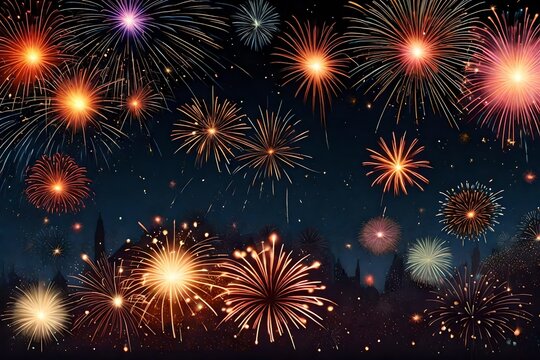 Image of colorful fireworks bursting in night sky with copyspace for website, banner, business card, invitation card, postcard, poster
