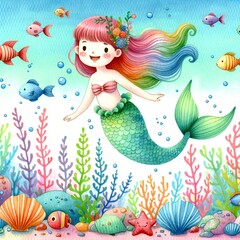 Cute cartoon mermaid, watercolor kids illustration