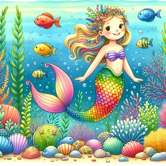 Cute character mermaid, watercolor sea kids illustration