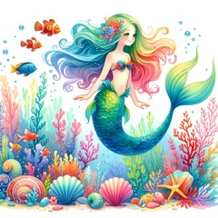Cute cartoon mermaid, watercolor ocean kids illustration