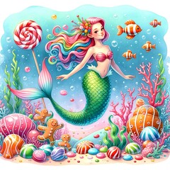 Cute cartoon mermaid, watercolor sea kids illustration