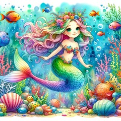 Cute cartoon character mermaid, sea kids illustration