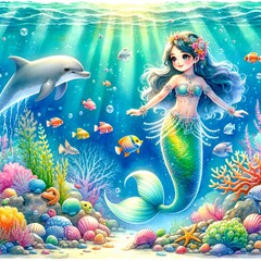 Cute cartoon mermaid, sea kids illustration