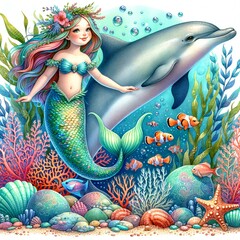 Cute cartoon mermaid and dolphin, sea kids illustration