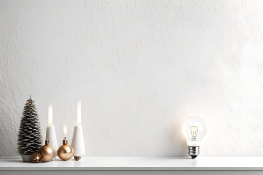 Stylish light bulb near textured white wall, space for text. Ideas for Christmas interior decoration
