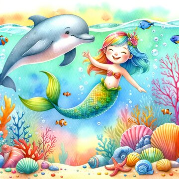 Cute cartoon character mermaid and dolphin, sea kids illustration
