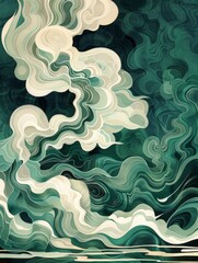 Fototapeta premium A painting portraying a swirling pattern in shades of green and white, creating a dynamic and abstract composition.