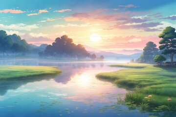 Lake in the countryside during a foggy morning sunrise. Without people. In anime Style