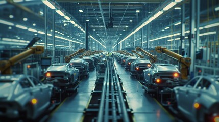 Efficient Automotive Manufacturing Process in a Car Factory - Workers on Assembly Line