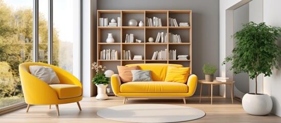 The living room is filled with furniture, including a comfortable sofa, yellow armchair, round coffee table, and bookcase. The room has white and yellow walls, a wooden floor, and a large window.