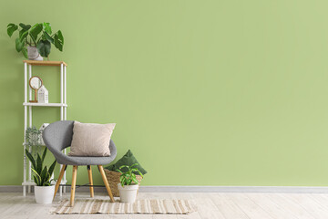 Interior of living room with armchair, cushion and houseplants near green wall