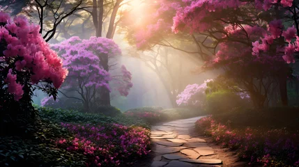 Keuken spatwand met foto Morning Mist and Colorful Splendor: A Dreamy Vision of an Azalea Garden in Full Bloom © Franklin