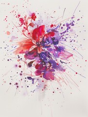 A painting featuring vibrant red and purple flowers set against a clean white background, showcasing the beauty of nature in bold colors.