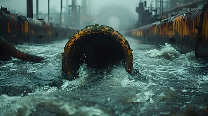 Wastewater pipes from industrial plants which is a large pipe made of metal. The wastewater flowing from the pipe is black and cloudy.  Used to campaign to make people aware of environmental problems. - obrazy, fototapety, plakaty