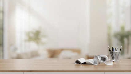 A wooden table with an empty space with a blurred background of a modern white living room.