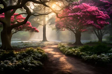 Gardinen Morning Mist and Colorful Splendor: A Dreamy Vision of an Azalea Garden in Full Bloom © Franklin