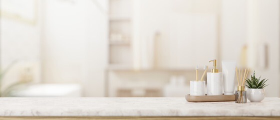 Toiletries and empty space on a white marble tabletop in a beautiful Scandinavian bathroom.