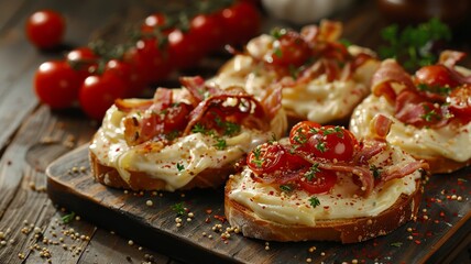 Delectable open-faced sandwiches with melted cheese, crispy bacon, and cherry tomatoes