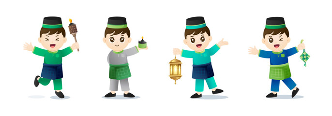 Collection of cute Muslim boys character design with fireworks, moon and islamic elements in different poses. Hari Raya Aidilfitri cartoon character set. Vector illustration.