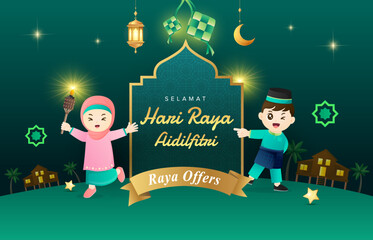 Hari Raya Aidilfitri illustration with 2 happy cute Muslim characters celebrating and traditional malay village house. Suitable for raya and ramadan template concept.