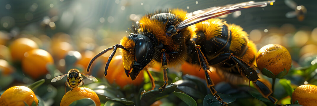 bee on a flower,3D render bionic hornet pollination