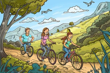 Cartoon cute doodles of families going on a bike ride together along a scenic trail, Generative AI