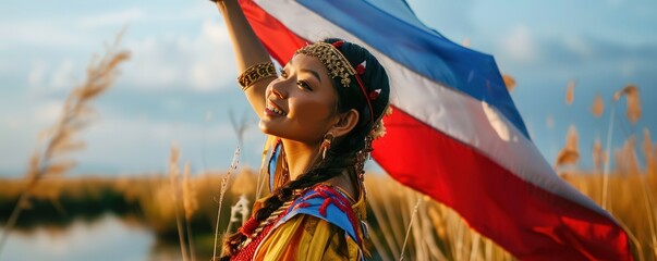 Filipino wearing traditional Philippines clothes holding the flag of Philippines