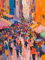 A painting depicting a crowded street filled with people walking in various directions, depicting the hustle and bustle of city life.