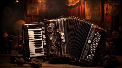 Preserving Melody: An Up-Close View of Vintage Accordion Instrument, With Hands Poised to Play - obrazy, fototapety, plakaty